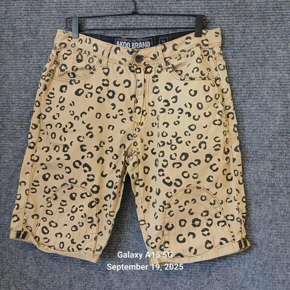 AKOO BRAND Shorts Leopard Cheetah Animal Print Size 34 Men's 100% Cotton Khaki - Picture 1 of 9